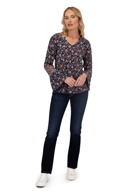 Lucky Brand Notch Neck Bell Sleeve Top In Navy Multi