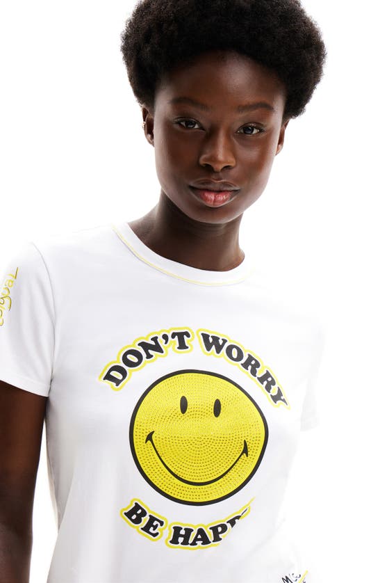Shop Desigual Smiley® Rhinestone Embellished Stretch Cotton Graphic T-shirt In White