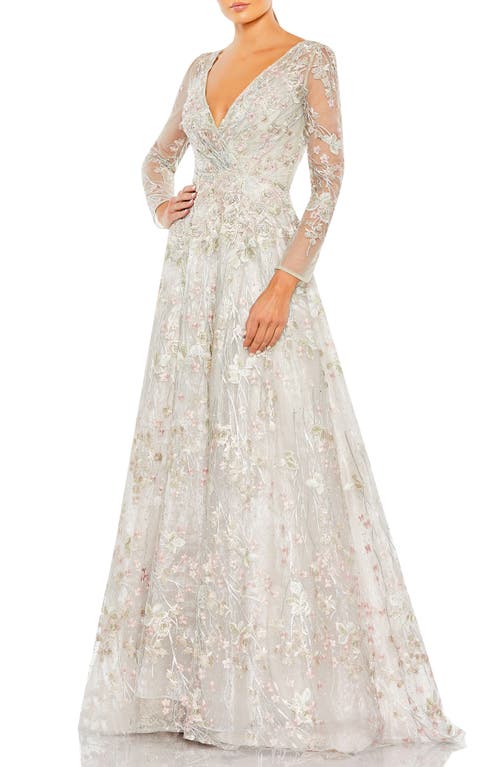 Mac Duggal Floral Embroidered Long Sleeve Mesh Gown Pastel Multi at Nordstrom,