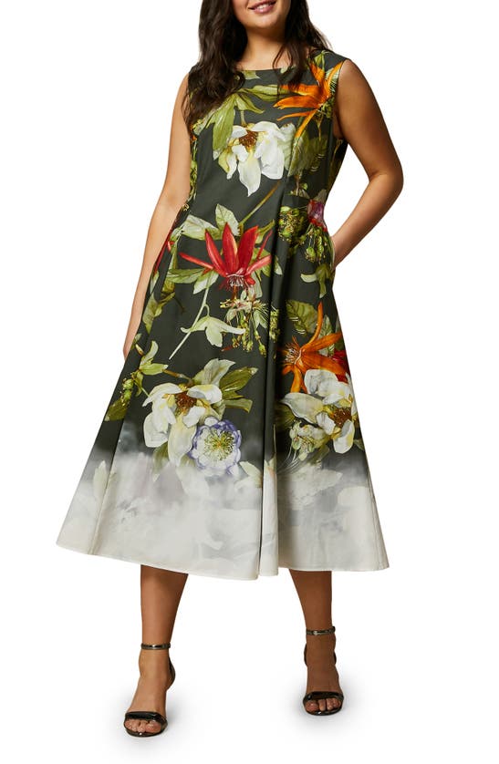 Shop Marina Rinaldi Trento Placed Floral Sleeveless Cotton Poplin Dress In Black/ Kaki Big Flower