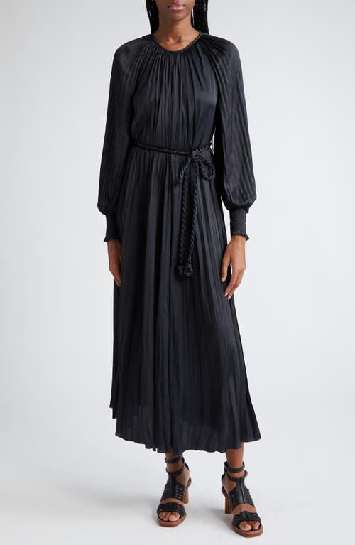 Ulla Johnson Zora Long Sleeve Pleated Satin Maxi Dress in Noir at Nordstrom, Size 2