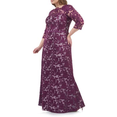 Plus Size Js Collections Scallop Neck Embroidered Lace Gown, Purple