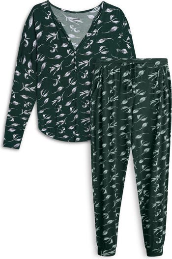 Leaf Print Long Sleeve Henley & Joggers 2-Piece Pajama Set