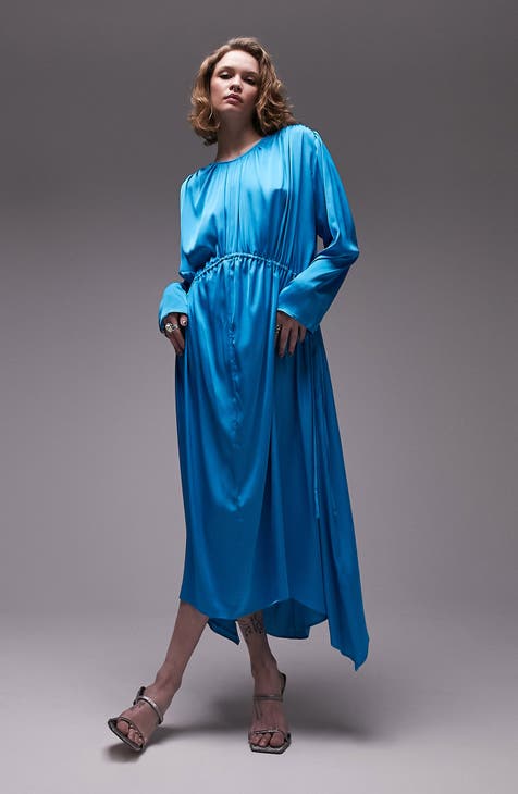 Ruched Oversize Long Sleeve Satin Maxi Dress