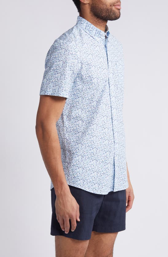 Shop Nordstrom Trim Fit Floral Short Sleeve Stretch Cotton & Linen Button-down Shirt In White- Blue Micro Ditsy