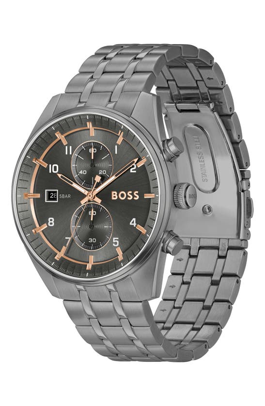 Hugo Boss Men's Skytraveller Quartz Fashion Chrono Ionic Plated Gray Steel Watch 44mm In Gray