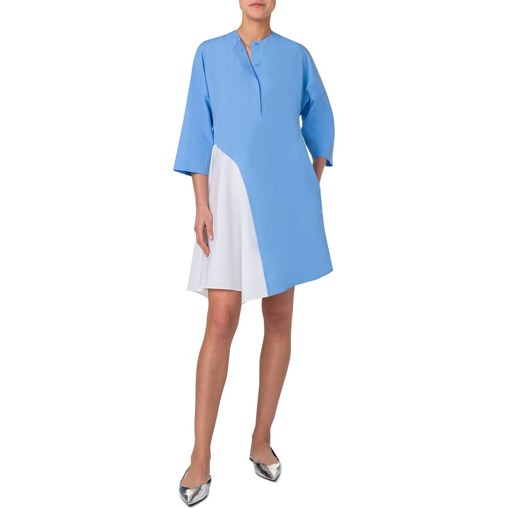 Akris Punto Colorblock Inset Bracelet-sleeve Cotton Poplin Mini Shirtdress In Sky-cream