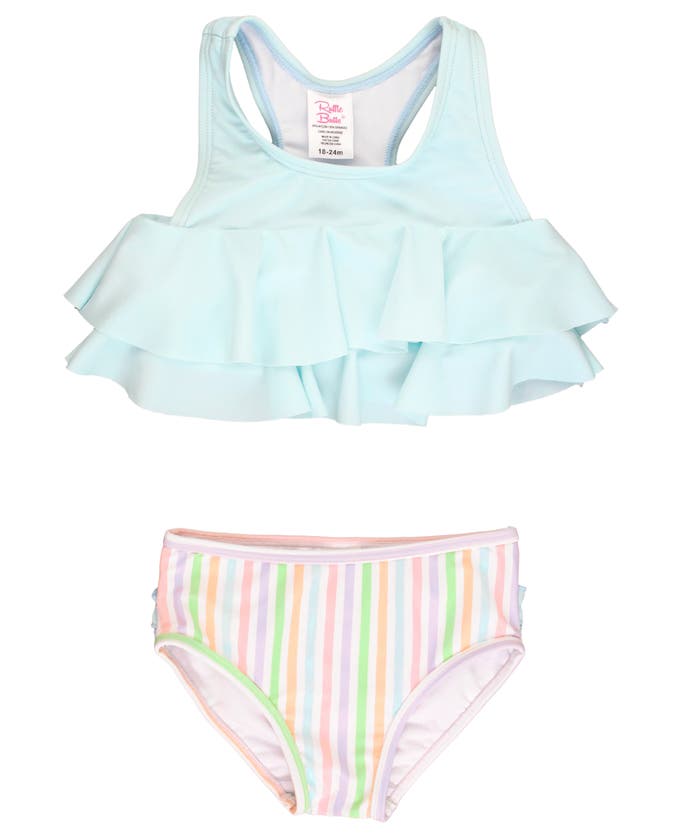Shop Rufflebutts Baby Girls Flounce Bikini In Pale Rainbow Stripe