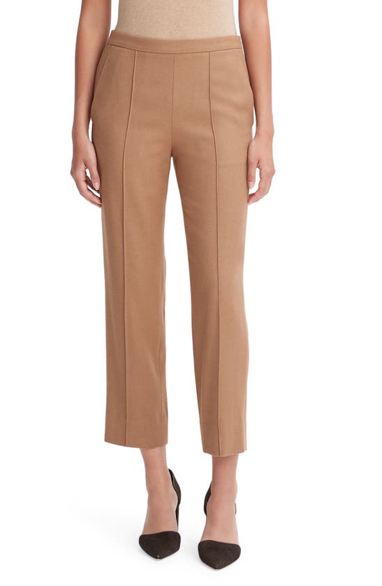 Shop Vince Crop Pleated Brushed Wool Blend Pull-on Pants In Dark Beech