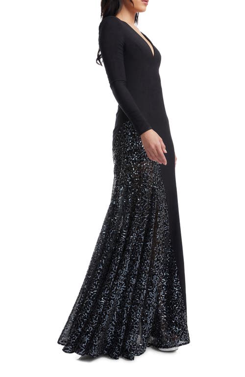 DRESS THE POPULATION DRESS THE POPULATION WINNIE SEQUIN PANEL LONG SLEEVE GOWN