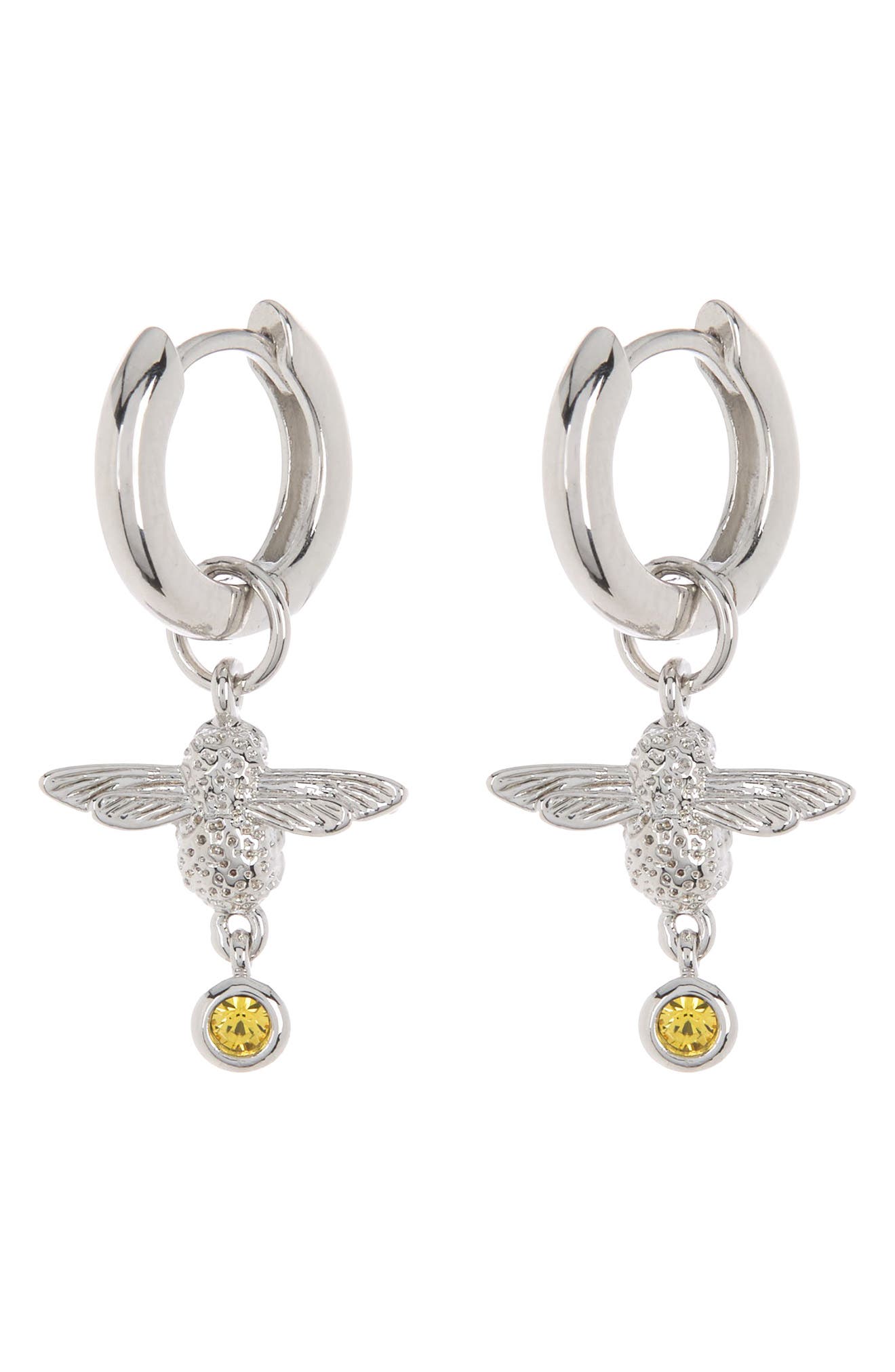 Olivia Burton Silver Plated Bee Yellow Crystal Huggie Earrings