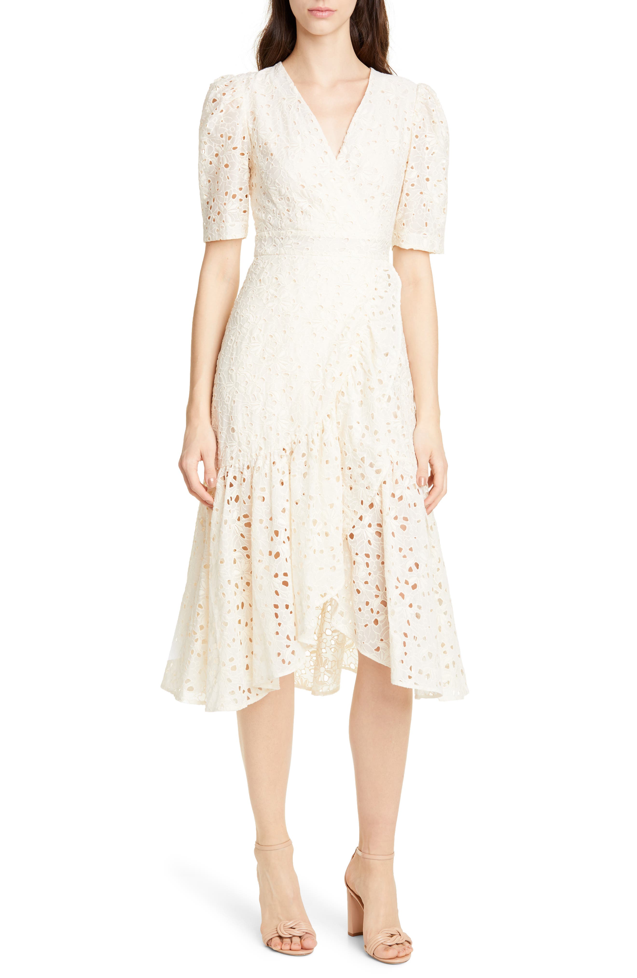 Rebecca Taylor White Clover Embroidery Cotton & Silk Midi Dress, White