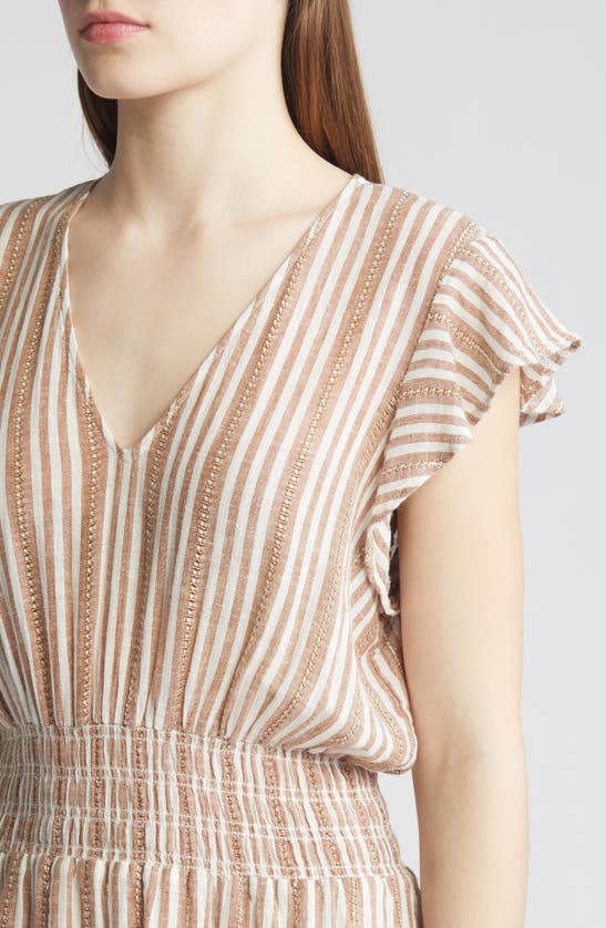 Shop Rails Tara Stripe Ruffle Sleeve Linen Blend Dress In Palo Santo Stripe