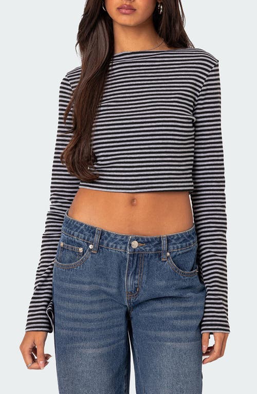 EDIKTED Charlee Stripe Long Sleeve Crop Top Gray at Nordstrom,