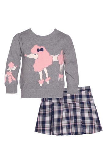 Shop Bonnie Jean Kids' Poodle Sweater & Plaid Skirt Set In Grey