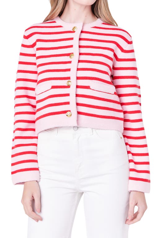 English Factory Knit Striped Sweater Cardigan Pink/red In Pink/red