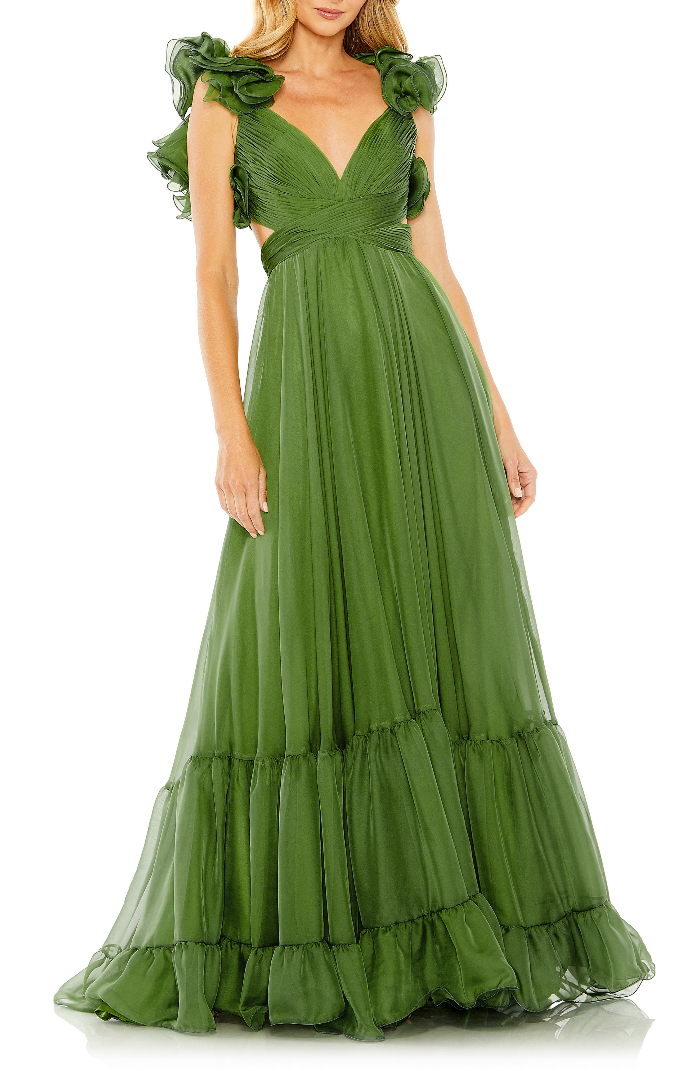 Mac Duggal Rosette Chiffon Cutout Empire Waist Gown in Thyme  display picture 1