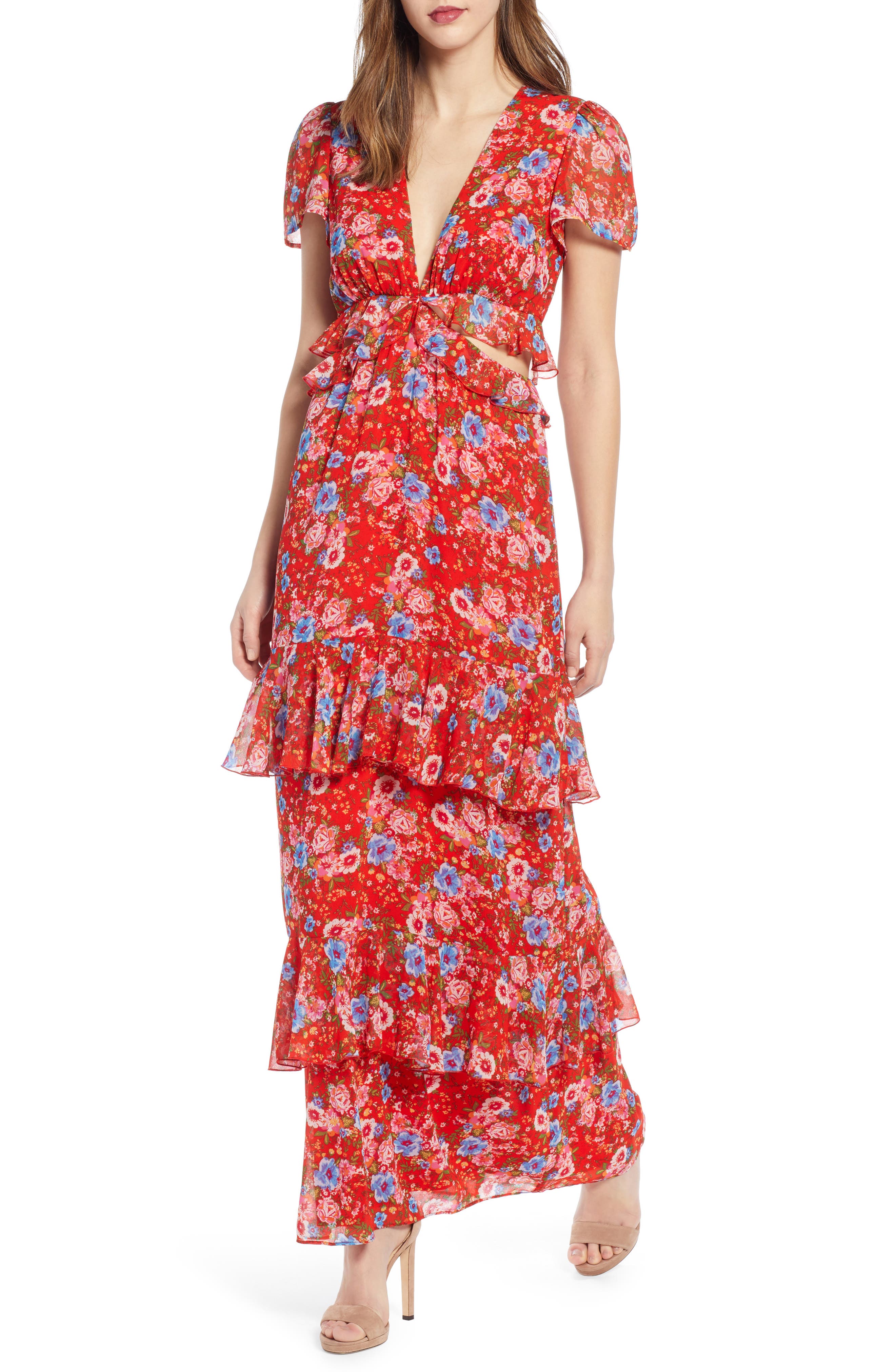 Wayf Lavina Tiered Maxi Dress, Red