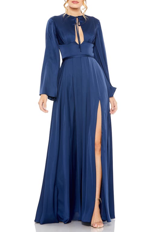 Mac Duggal Keyhole Neck Long Sleeve Satin Charmeuse Gown In Midnight