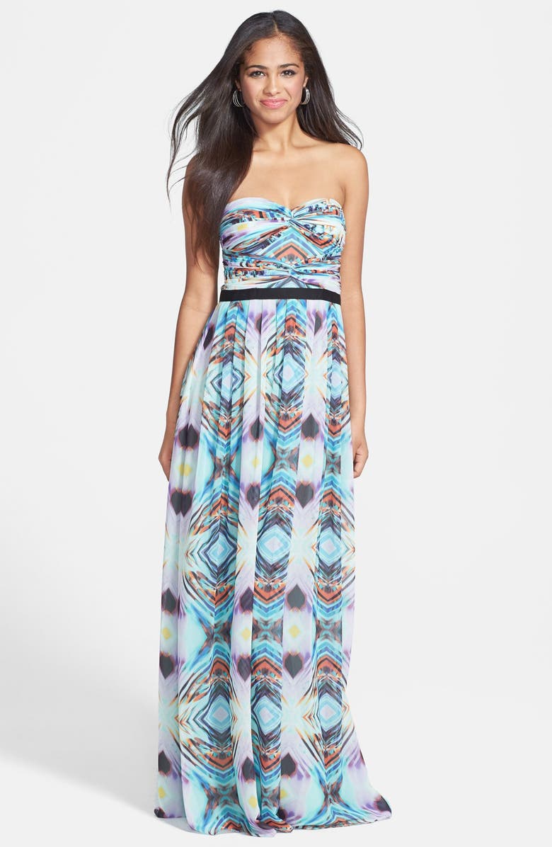 Adrianna Papell Twist Detail Print Mesh Gown | Nordstrom