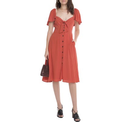 Astr The Label Rachelle Tie Front Ruffle Sleeve Dress, Brown