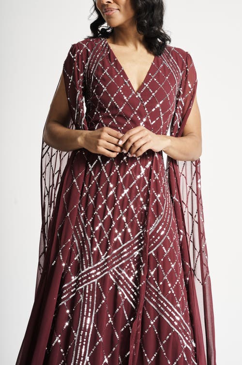 Shop Frock And Frill Cape Sleeve Maxi Gown With Tonal Embellishment In Tawny Port