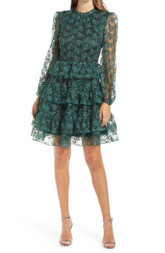 Rachel Parcell Metallic Embroidered Long Sleeve Dress In Green Park