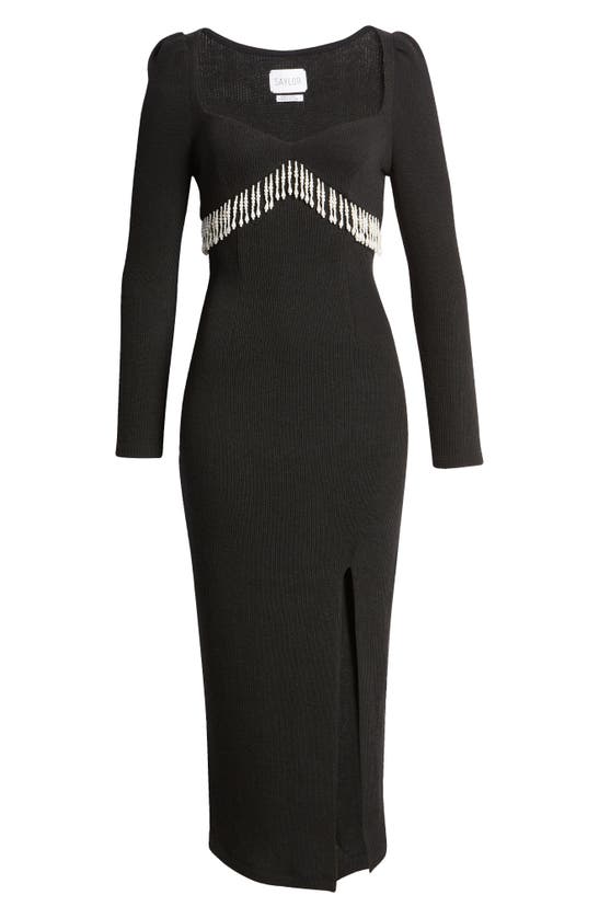 Saylor Alina Ribbed Imitation Pearl Fringe Long Sleeve Midi Dress In Black