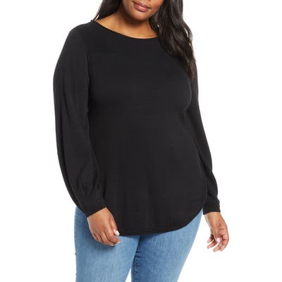 Plus Size Caslon Bishop Sleeve Cotton Blend Sweater, Black