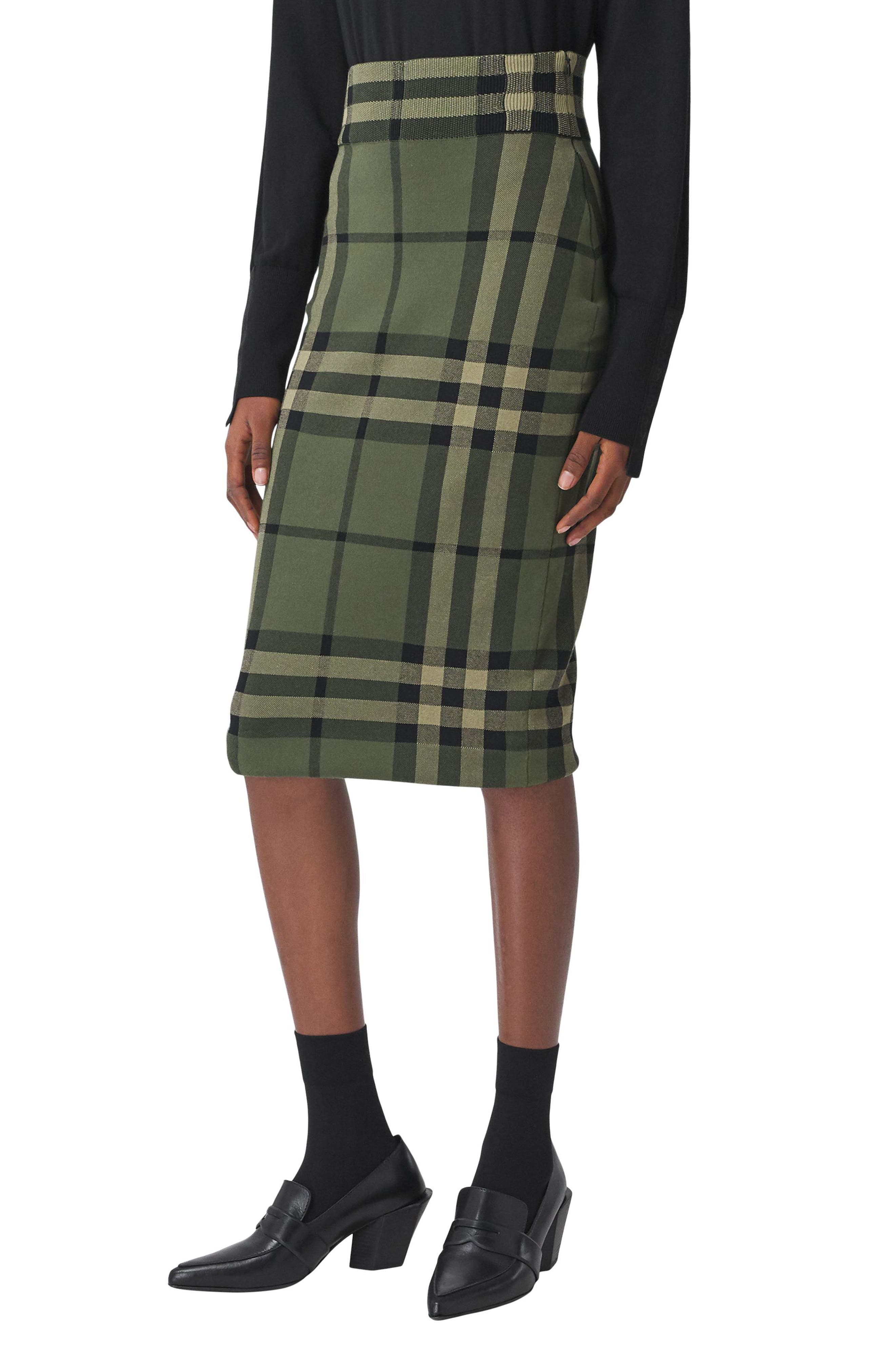 Burberry Kammie Check High Waist Pencil Skirt in Military Green at Nordstrom, Size Medium