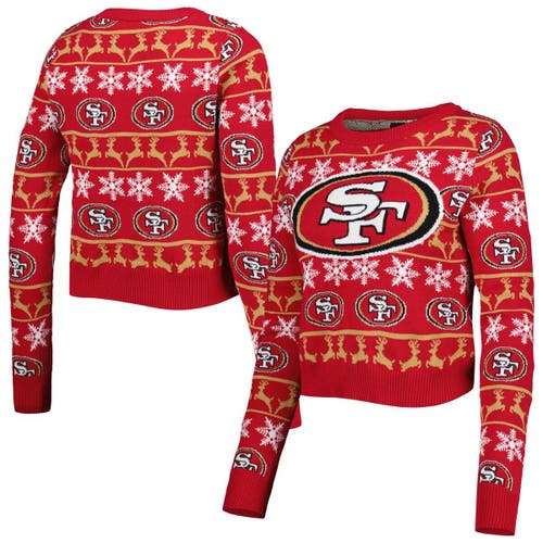 Women's FOCO Scarlet San Francisco 49ers Ugly Holiday Cropped Sweater