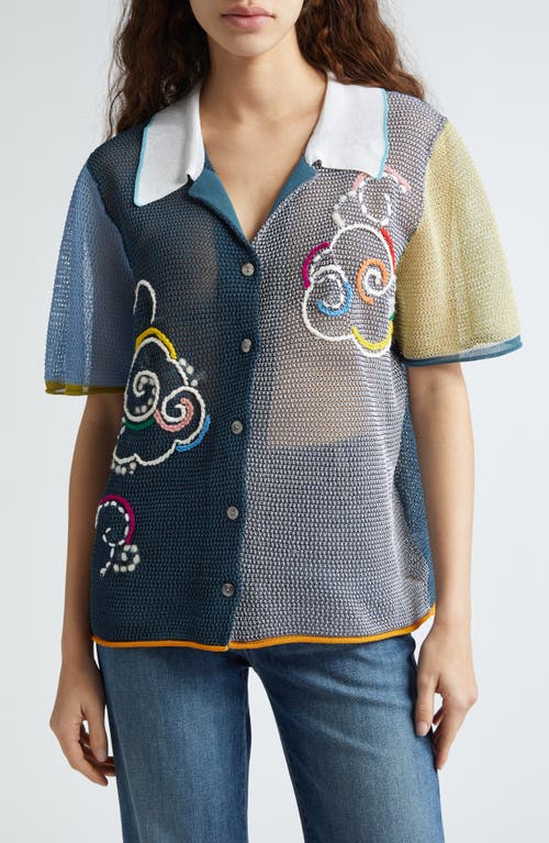Netty Cloud Colorblock Organic Cotton Blend Button-Up Shirt in Midnight