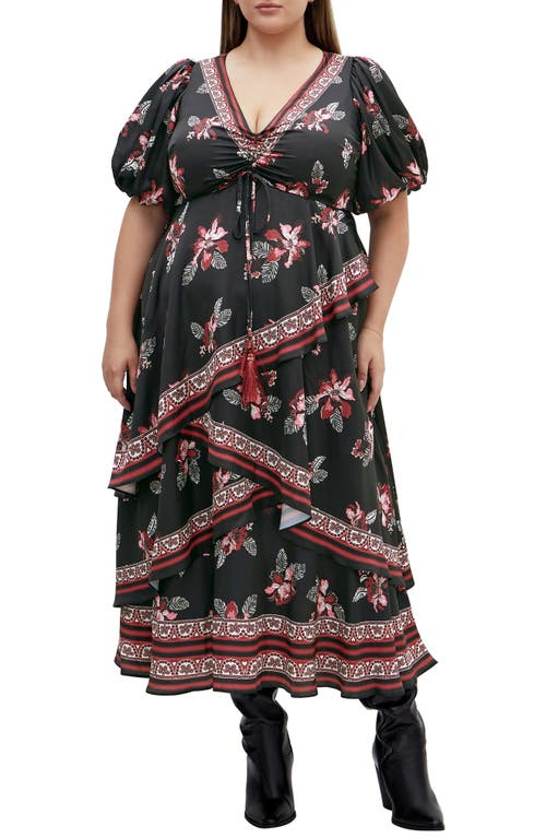 City Chic Drama Queen Print Layered Maxi Dress In Black Floral Border