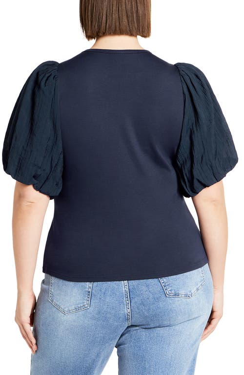 Shop City Chic Kiki Puff Sleeve Mixed Media Top In Navy