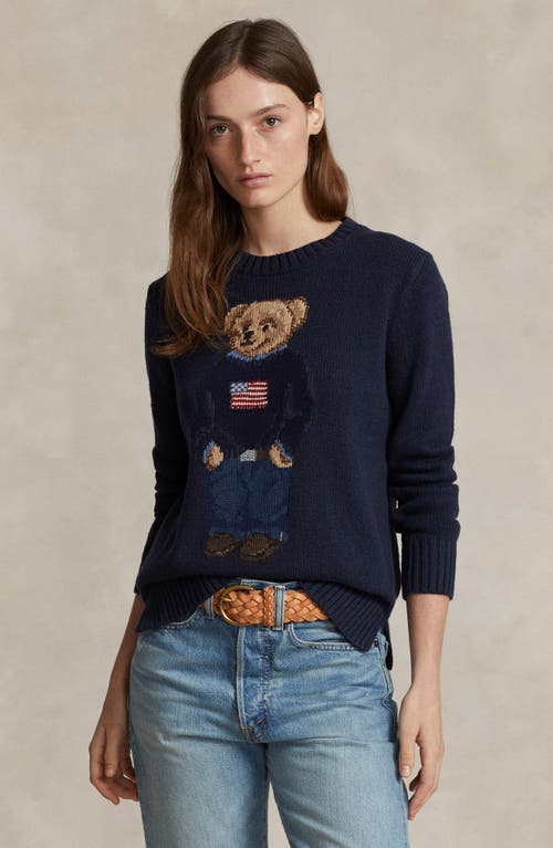 Shop Polo Ralph Lauren Bear Graphic Cotton & Linen Crewneck Sweater In Navy Multi