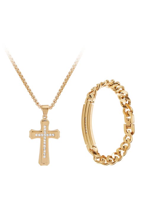Men's Goldtone Plated Stainless Steel Diamond Cross Necklace & Bracelet 2-Piece Set - 0.1 ctw.