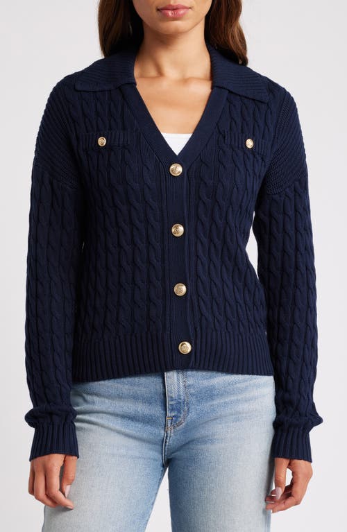 Shop Zoe And Claire Cable Johnny Collar Cardigan In Navy