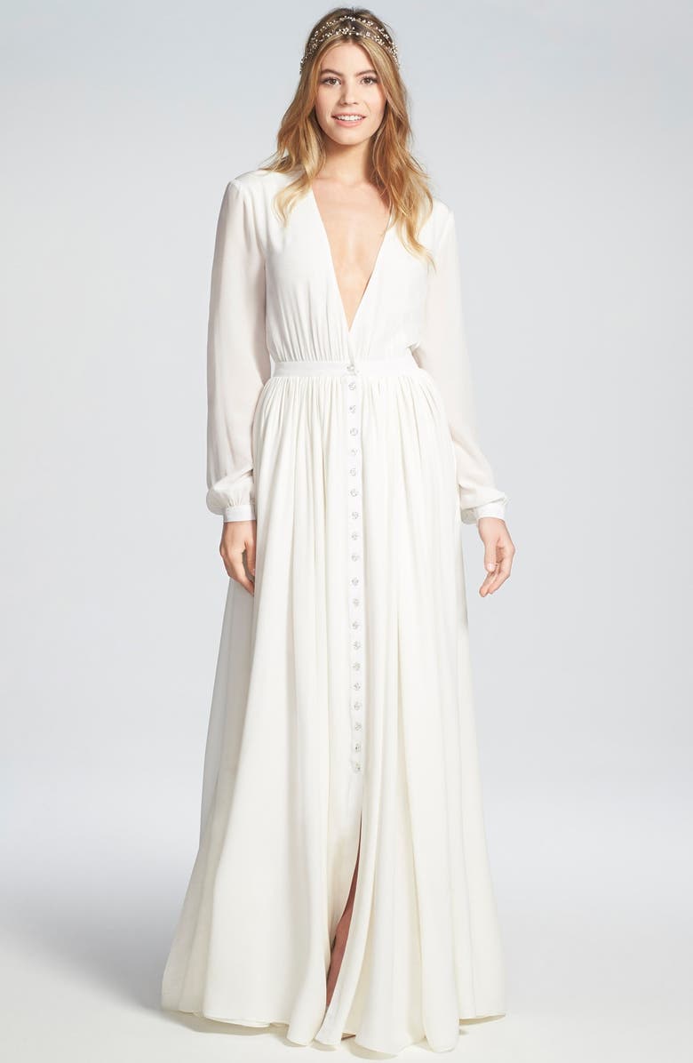 HOUGHTON 'Galina' Plunging V-Neck Silk Dress with Crystal Buttons, Main, color, IVORY