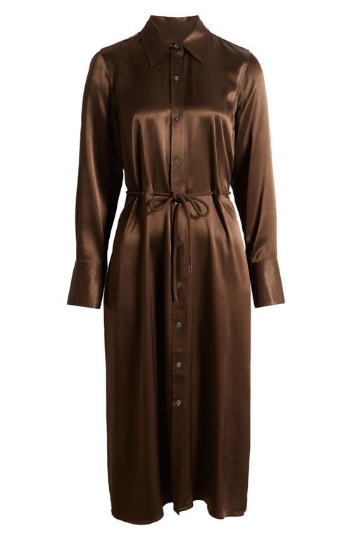 Rails Anina Tie Waist Long Sleeve Satin Midi Shirtdress In Dark Moss