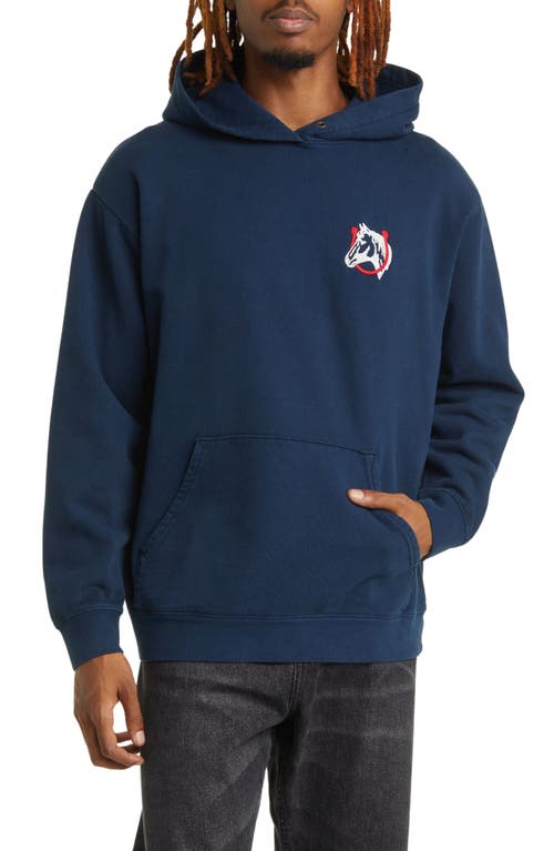 Horse Shoe Embroidered Cotton Hoodie in Navy