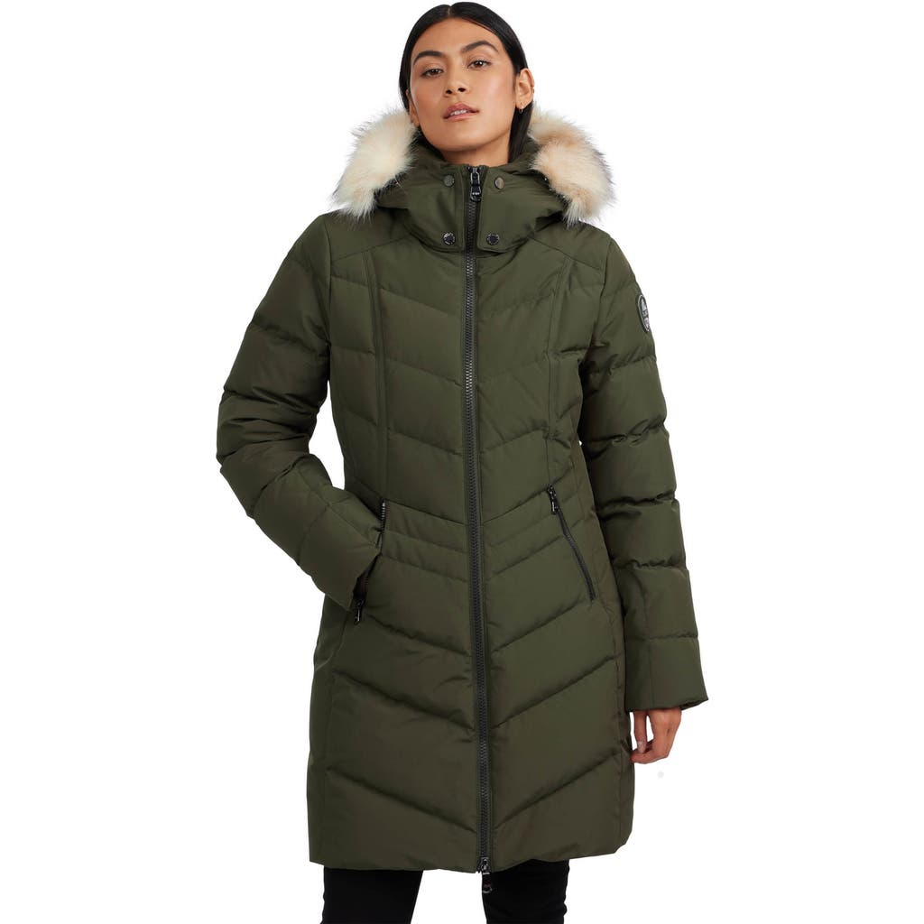 Pajar Women's January Down Chevron Puffer With Detachable Hood Fur In Military/crystal
