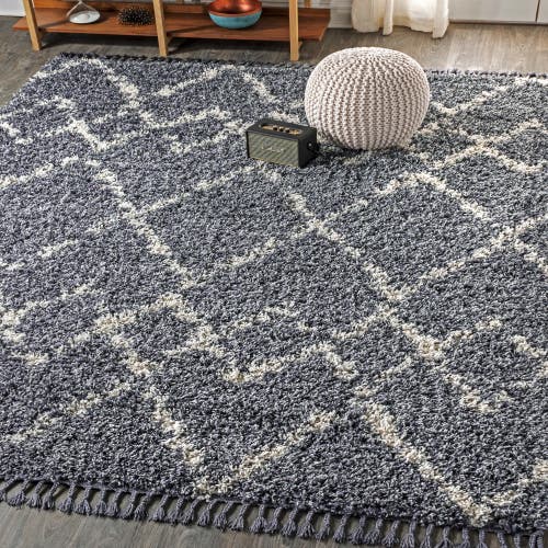 Jonathan Y Mercer Shag Plush Tassel Moroccan Geometric Trellis Area Rug In Blue/cream