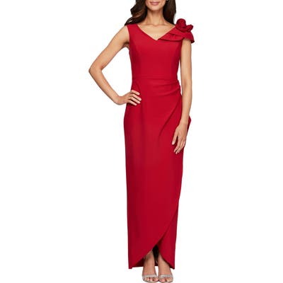 Alex Evenings Floral Applique Wrap Skirt Gown, Red
