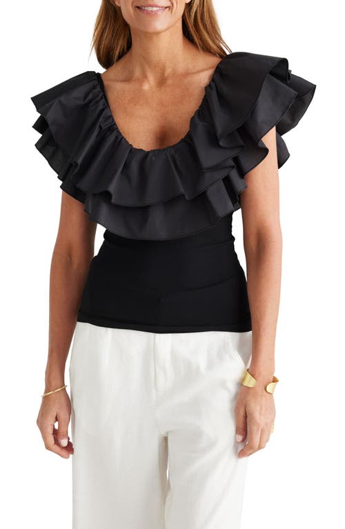 Callie Mixed Media Double Ruffle Top in Black