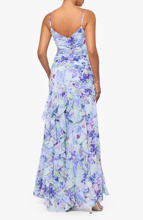Xscape Floral Ruched Ruffle Gown In Peri/ Green