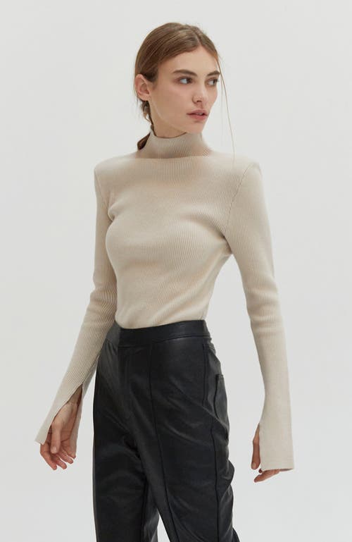 Shop Crescent Power Shoulder Turtle Neck Sweater Top In Light Taupe