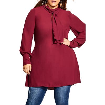 Plus Size City Chic Tie Neck Tunic Dress, Burgundy