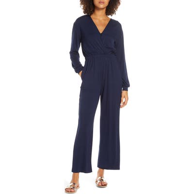 Fraiche By J Long Sleeve Wide Leg Jumpsuit, Blue