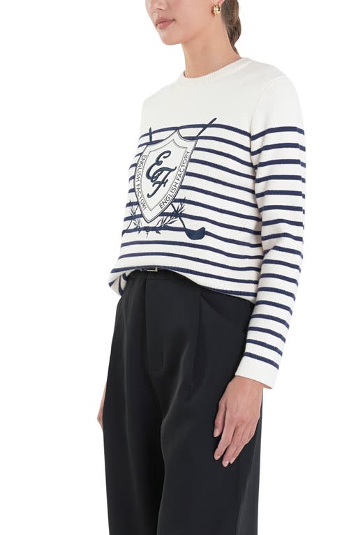 Shop English Factory Sports Club Golf Embroidered Stripe Long Sleeve Knit Top In Navy/white