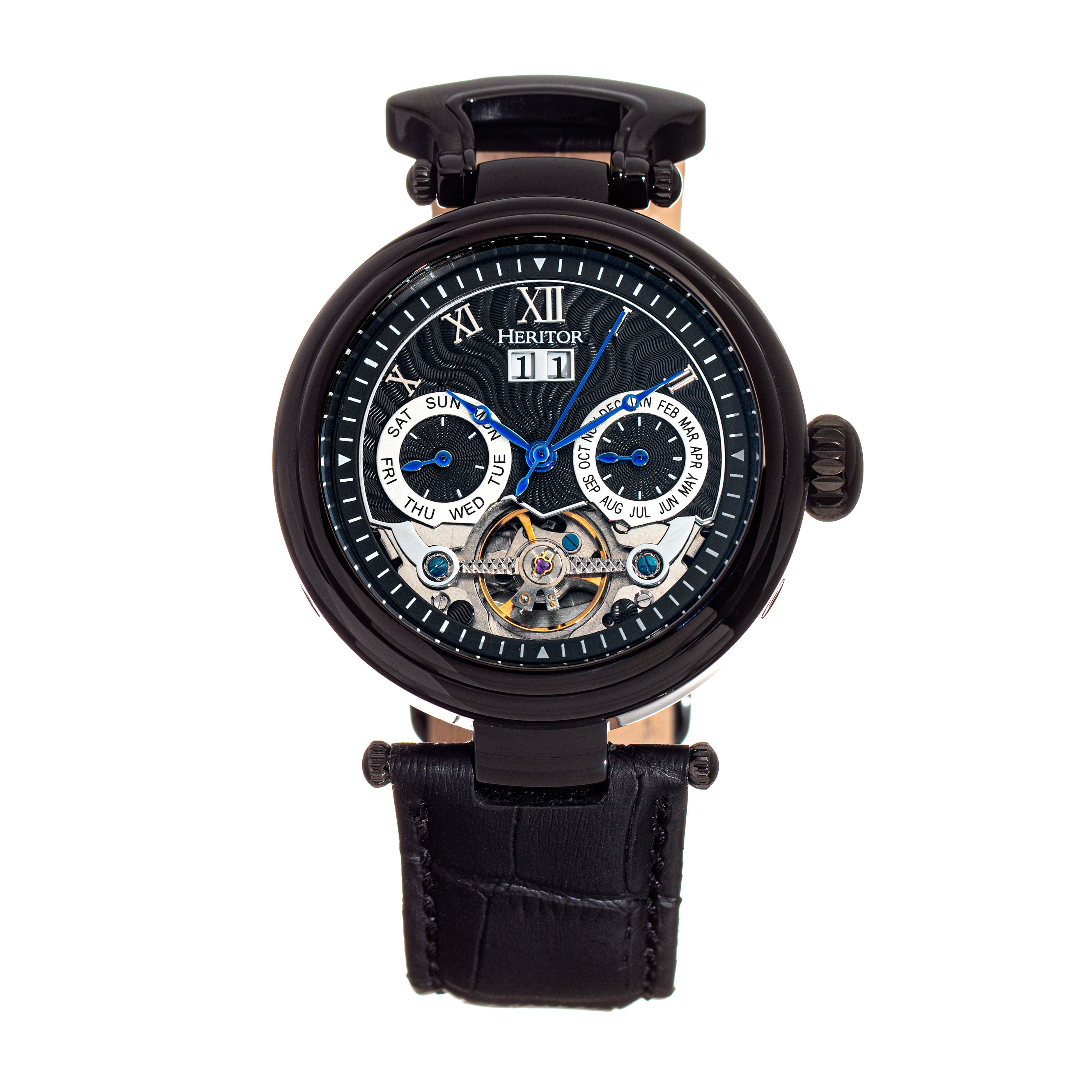 Heritor Automatic Ganzi Semi-Skeleton Leather-Band Watch in Black Cover